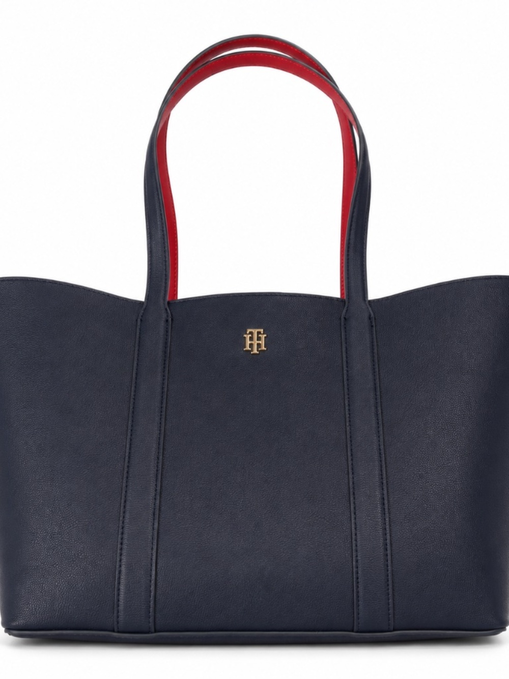 Tommy Hilfiger Tote Bag Navy Blue Handbag Gold Monogram Red Accent Shoulder Purs